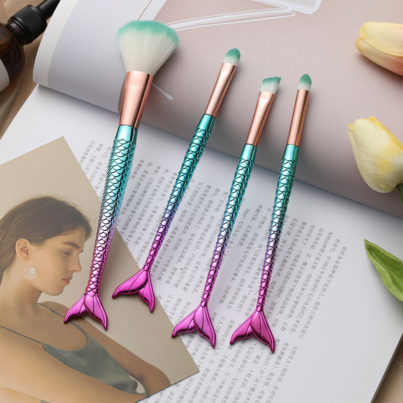 Karsyngirl-brocha de maquillaje de sirena, traje de cuatro piezas, fibra colorida, pelo suave, polvo suelto, herramientas de maquillaje de belleza