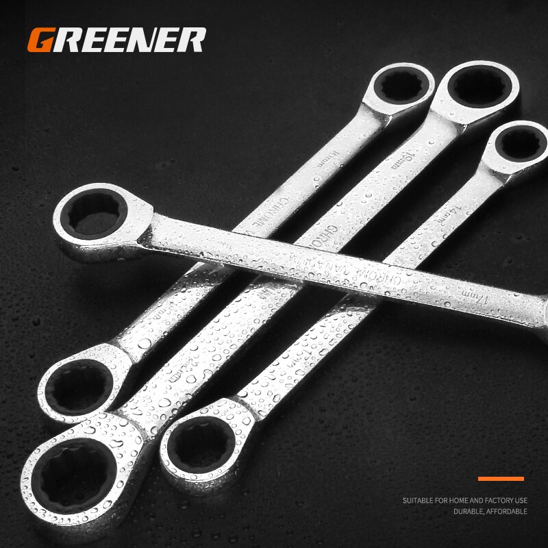 Groener Chrome Vanadium Ring Dubbele Hoofd Ratelsleutel Omkeerbare 8-9-10-12-13-14-15-16-17-18-19mm Ratchet Combinatie Spanner