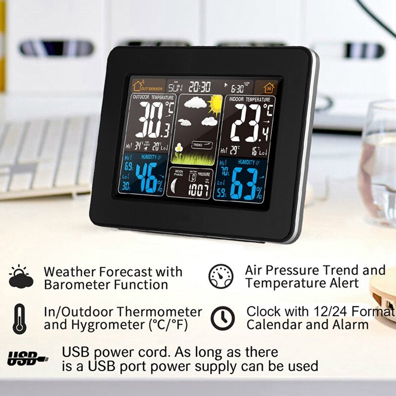 Weather Station Air Pressure Forecast Alarm Indoor Outdoor Thermometer Hygrometer Wireless Multifunction Clock