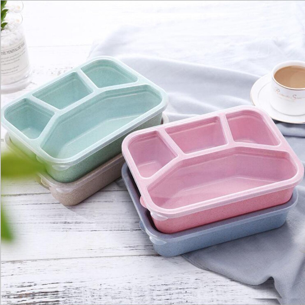 Fiambrera con 4 compartimentos de plástico, contenedor de almacenamiento de alimentos dividido, portátil, microondas, Picnic, Camping, rectangular, al aire libre