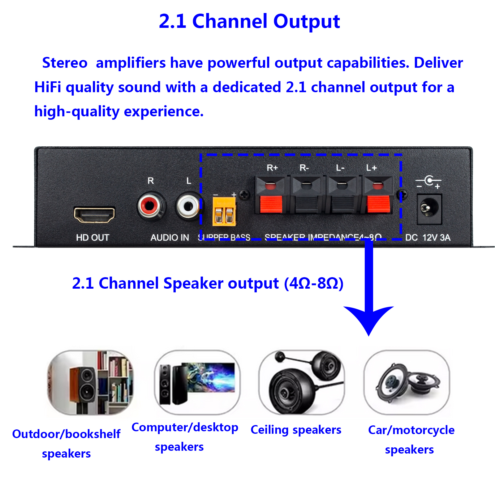 ST-838 HiFi 2.1-kanałowy wzmacniacz mocy kompatybilny z Bluetooth 5.0, 20Wx2 wzmacniacz subwoofera wzmacniacz dźwięku regulacja tonów niskich i wysokich