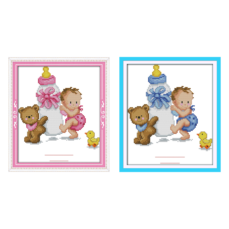 Cute Cartoon Pattern Baby Bottle Baby Birth Instructions Blue Pink Cross Stitch Kits Embroidery Painting Baby Bedroom Decoration