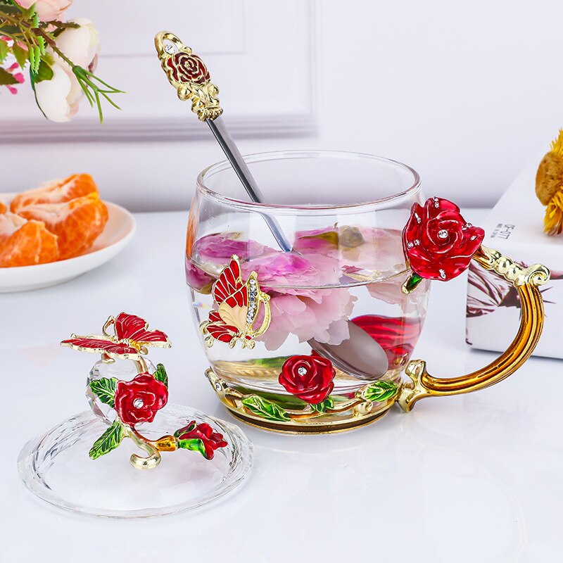 Europäischen Stil Emaille Glas Tasse Kaffee Milch Trinken Blume Getränk Tee Tasse einstellen mit Deckel Löffel Kasten Paar Glas typ bilden: rot kurz Löffel Deckel