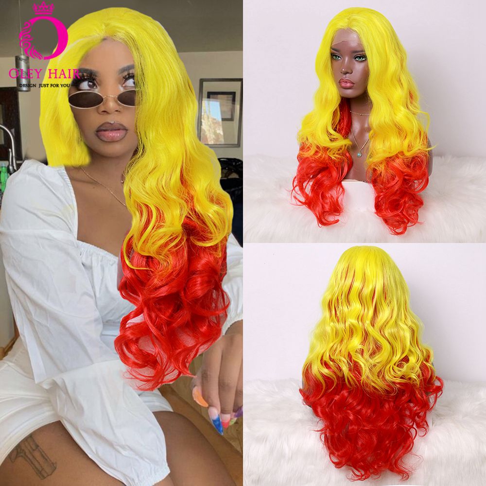 OLEY Orange Yellow Wig Heat Resistant Synthetic Lace Front Wig Freepart Loose Wave Drag Queen Cosplay Wigs For Black Women