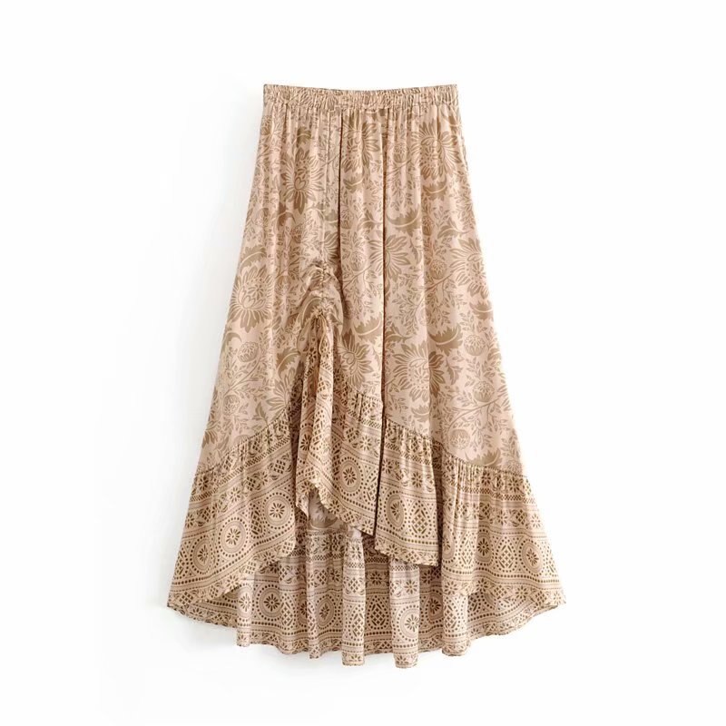 Vintage Chic Vrouwen Geel Bohemian Bloemen Gedrukt Lange A-lijn Rok Hoge Elastische Taille Geel Katoen Maxi Rokken Femme A698: L