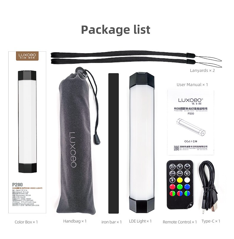 LUXCEO-Palo de luz LED P200 para fotografía, tubo impermeable de mano, RGB, luz suave, Control remoto por aplicación de teléfono portátil: Grey