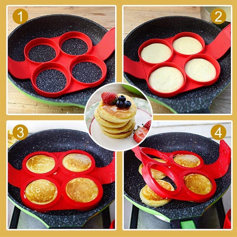 Flip Fornuis Pannenkoeken Mold,4-Pack Anti-aanbak Siliconen Pancake Mold, ontbijt Pancake Shaper-Ronde + Hart Vorm + Bloem + Vierkante