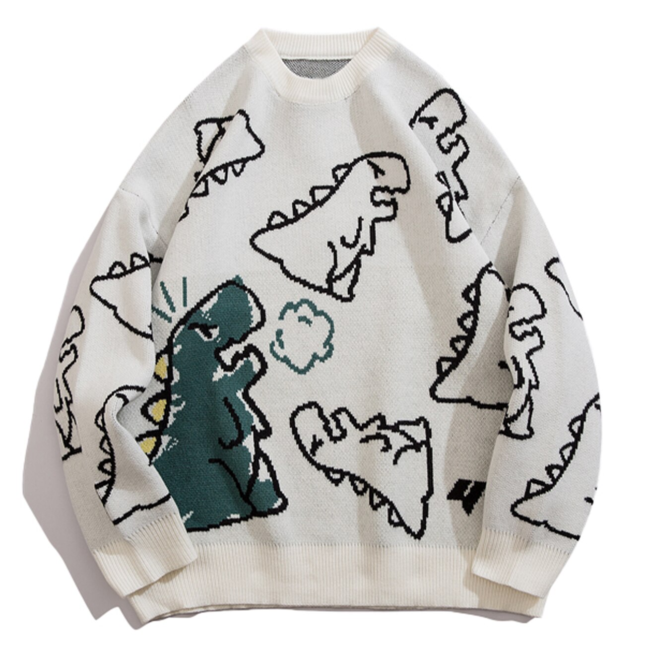 Suéter de punto Harajuku, ropa de calle con dibujo de dinosaurio de dibujos animados, ropa informal estilo Hip Hop, Tops informales verdes: White / XL
