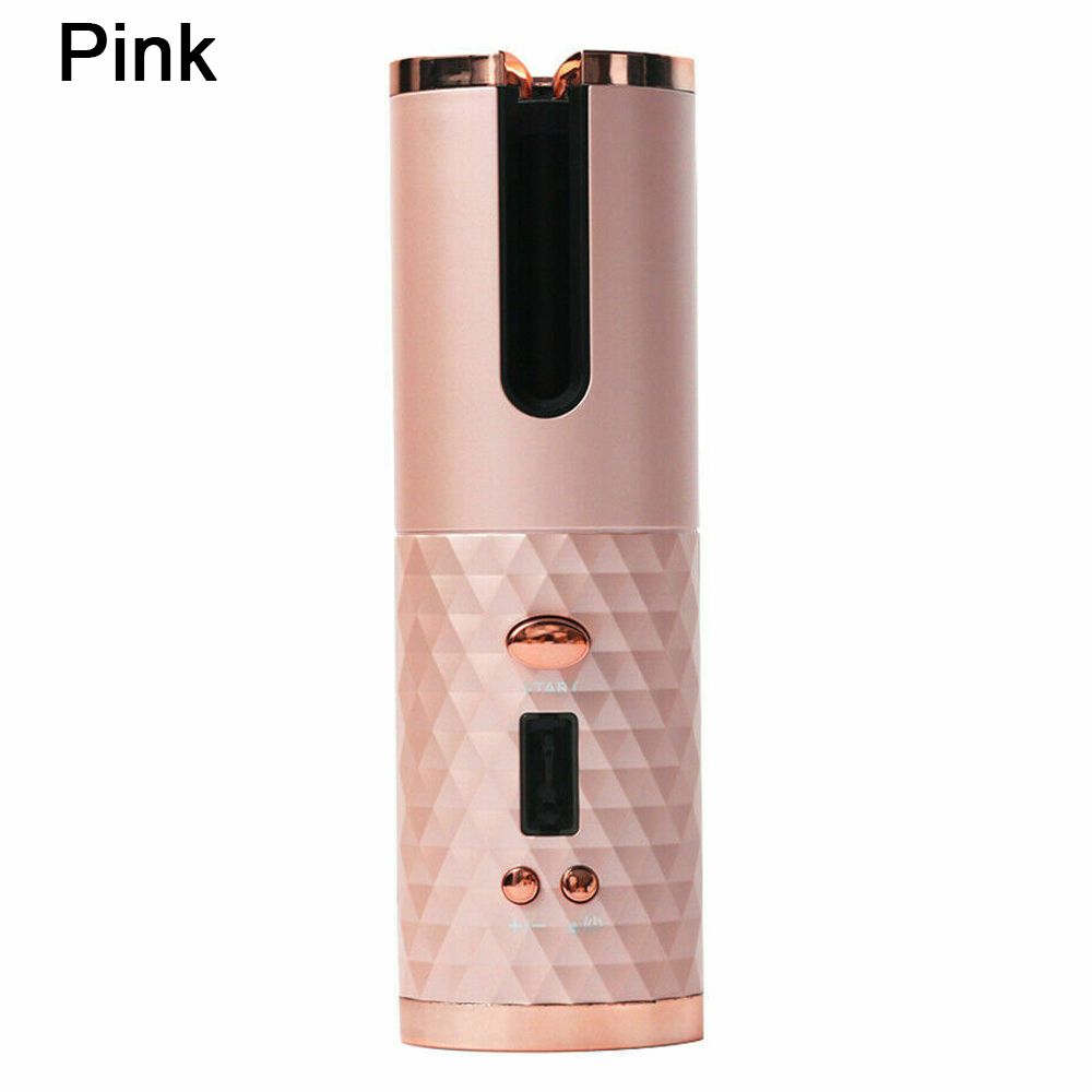 Verstellbarer lockenstab mit LED-anzeige, usb-aufladbar, automatischer Drehung, keramik-wellenwickler: Rosa