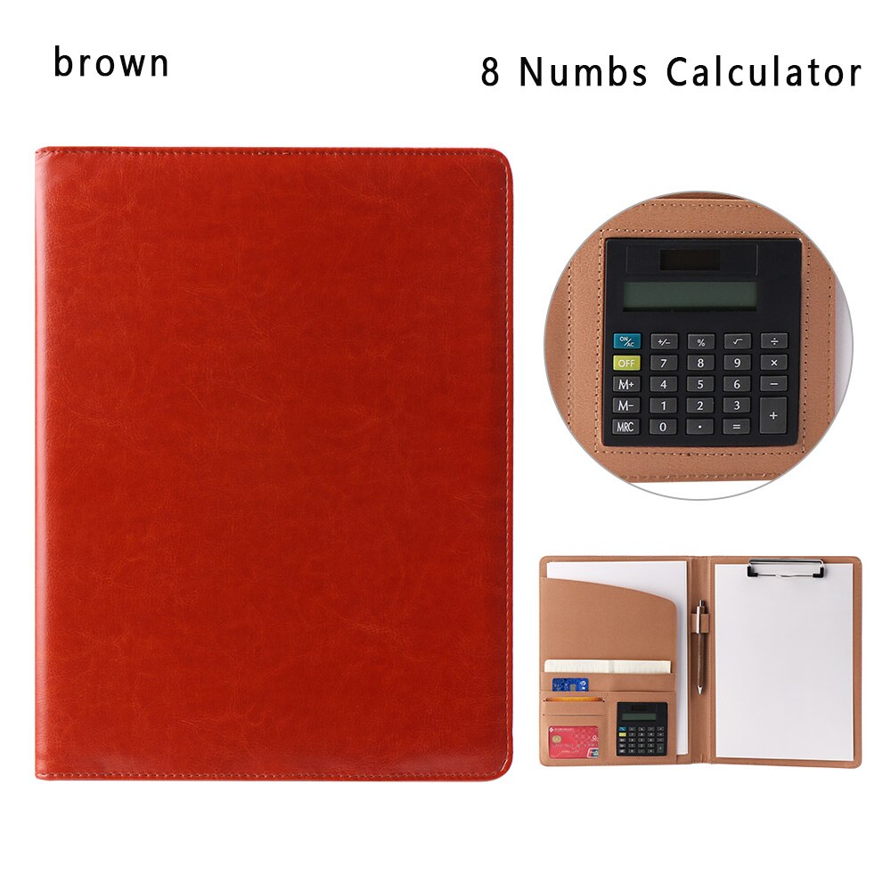 A4 PU Leather File Folder With Calculator Multi-function Business Document Pads Manager Portfolio Office Supplies: calculator brown
