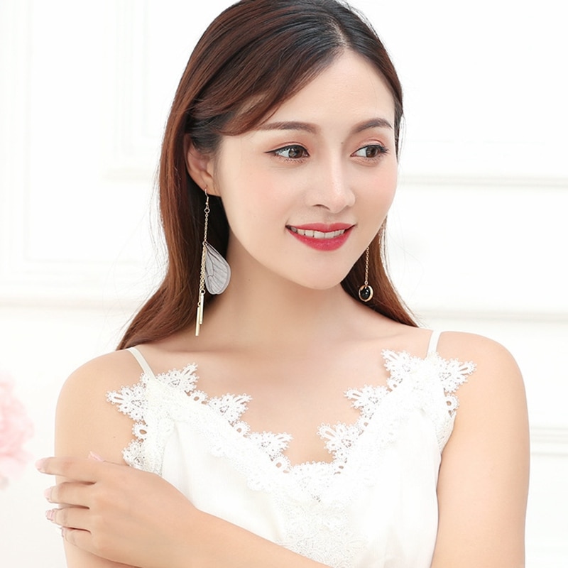 Koreaanse Vlinder Hoek Vleugels Lange Tassel Oorbellen Voor Vrouwen Sieraden Imitatie Parel Crystal Asymmetrische Verklaring Oorbellen