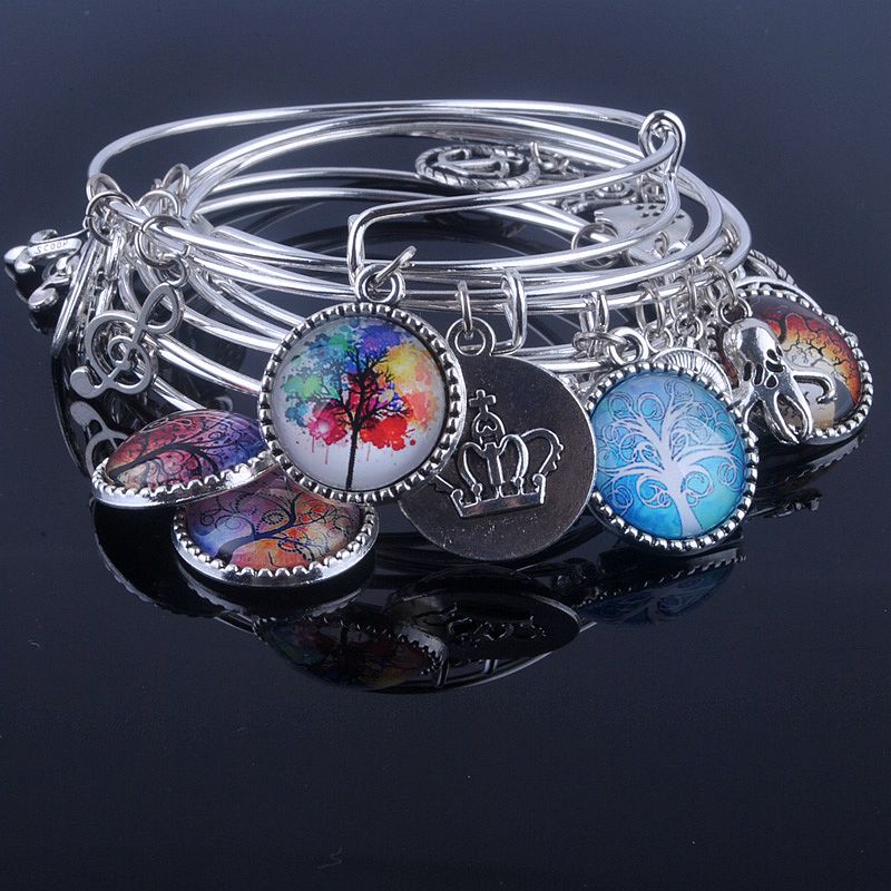 18 Styles Cabochon Dome Tree of Life charms Bracelet Adjustable Expandable Wire Bangles for Women Fine Jewelry B013