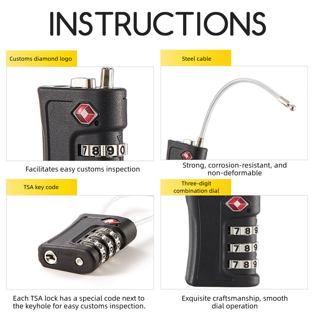 Anti-Theft Luggage Locks Lightweight 3 Dial Combination Steel Wire Lock Tsa-Compatible Travel Luggage Locks