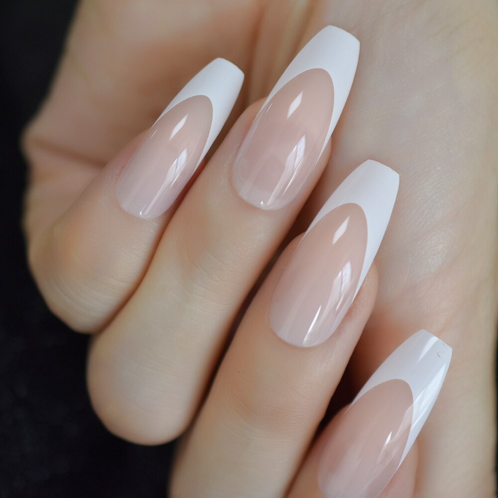 Lång glänsande fransk nagel naturlig naken helskydd plast konstgjorda naglar diy nageltips manikyr ballerina naglar