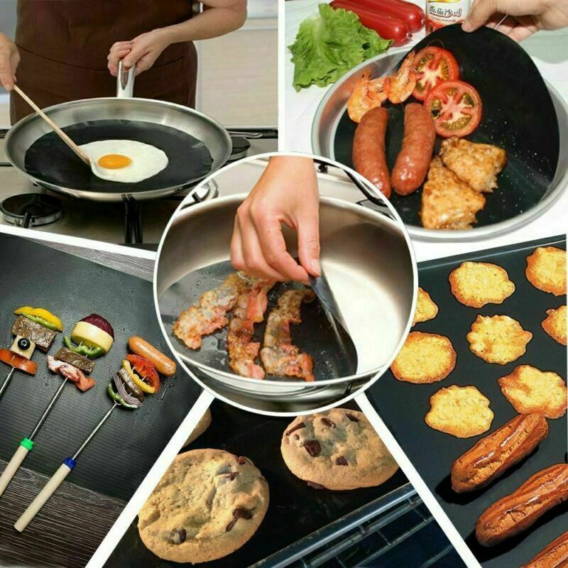 Non Stick Koekenpan Liner Sheet Temperatuur Weerstaan Bbq Pan Voedsel Coaster Pad Geen Steken Zwart Mat Bak Vlees Pads