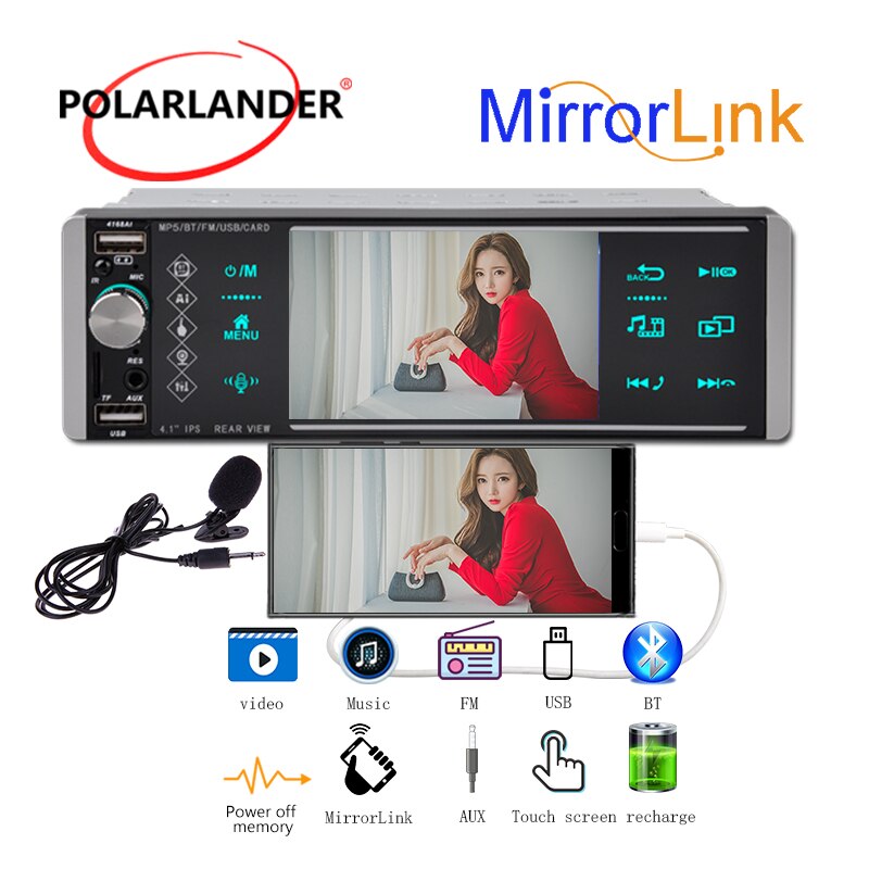 Autoradio Android 10, 5.1 pouces, résolution 1120x480, Mirrorlink, RDS, AM, FM, 4 usb, bidirectionnel, interconnexion, disque U, 1din: 4168A with mic