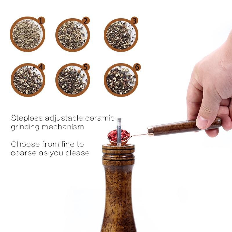 Molinillo de pimienta de 5/8/10 pulgadas, molino de sal, molino de especias manual de madera con fuerte molinillo de cerámica ajustable