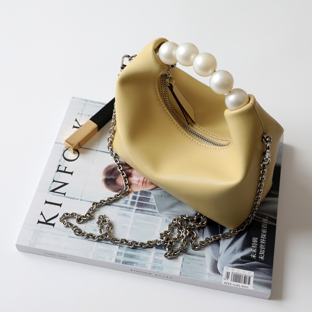 2022 Parel Kralen Handvat Handtas Paars Split Lederen Vrouwen Schoudertas Kleine Keten Crossbody Tas Yelllow: YELLOW