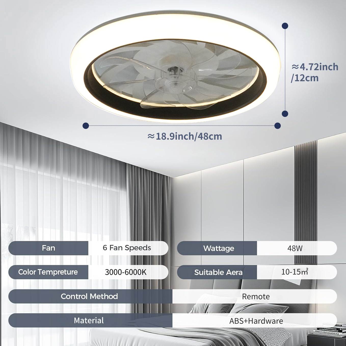 Takvifte med led-lys og fjernkontroll, elektrisk viftelampe, dimming med , 6- hastigheter, stue, taklampe til soverommet: Hvit