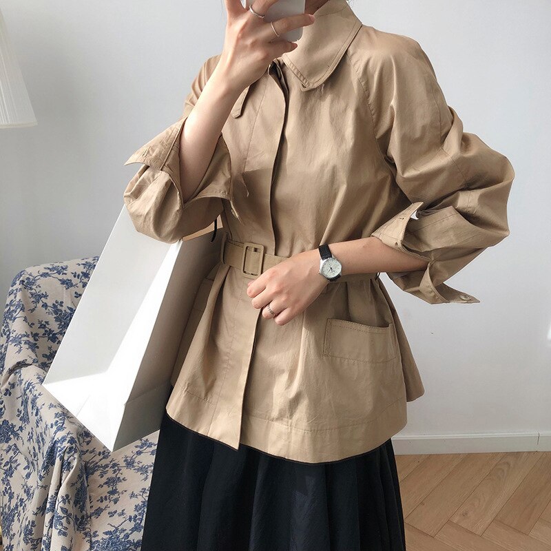 [eam] losse pasvorm kaki bandage split joint temperament jas revers lange mouw damesjas lente herfst 1 648