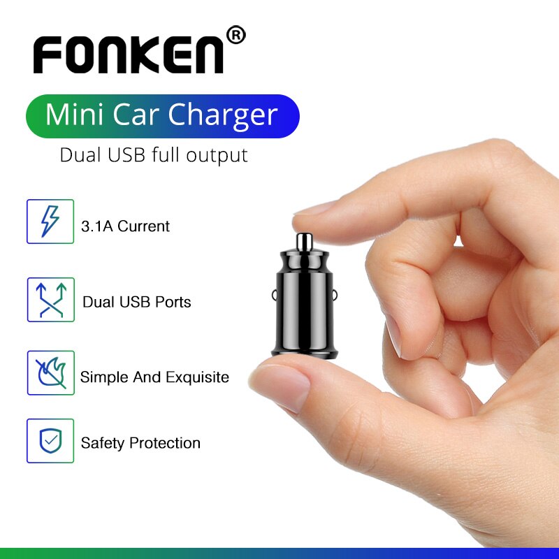 FONKEN Portable Car Charger Adpater Dual USB 2 Port 3.1A Power Adapter For Huawei Mate30 Pro Xiaomi Car Mobile Phone Charger