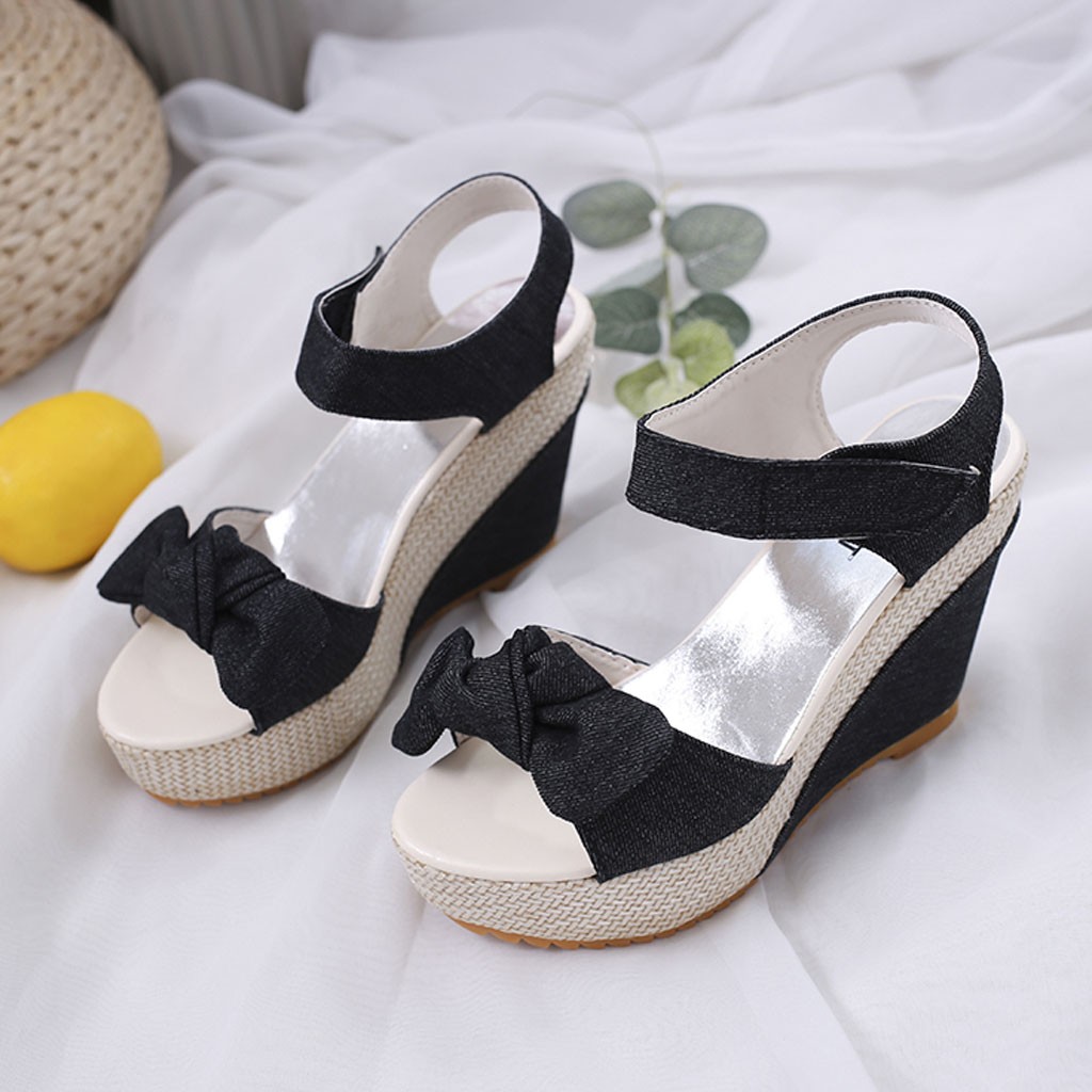 Denim sandales femmes sandales de compensées talons hauts Peep-Toe plate-forme chaussures femme fond épais sandales