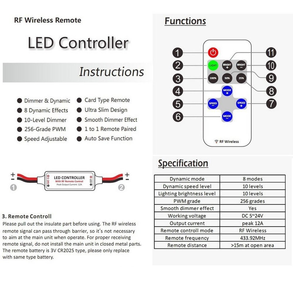 Mini led controller dimmer + RF wireless remote control Dimmer For Single Color LED Light Strip 5V-24V