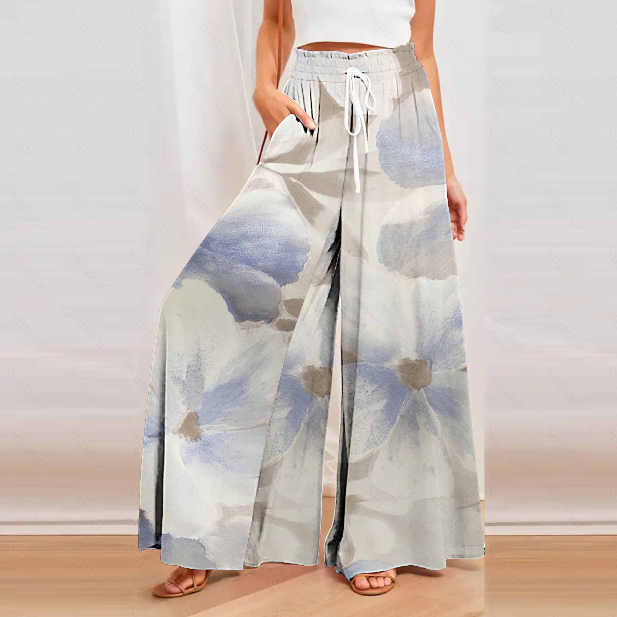 Women's Wide Leg Trousers ZANZEA Kaftan Printed Pants Elastic Waist Long Pantalon Palazzo Casual Floral Turnip Oversized: M / GRAY
