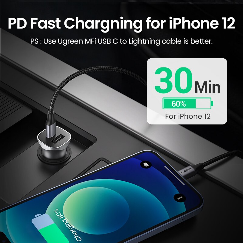 UGREEN PD Car Charger Quick Charge 4.0 3.0 QC USB Charger for Xiaomi QC4.0 QC3.0 20W Type C PD Car Charging for iPhone 13 12 Xs