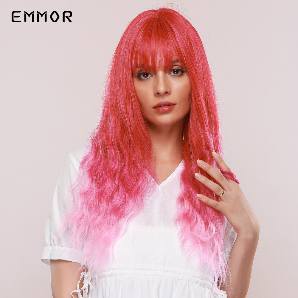 Emmor lange roze ombre watergolf synthetische haarpruiken met pony, hoge temperatuur vezel, kleurrijke cosplaypruik voor coole meiden