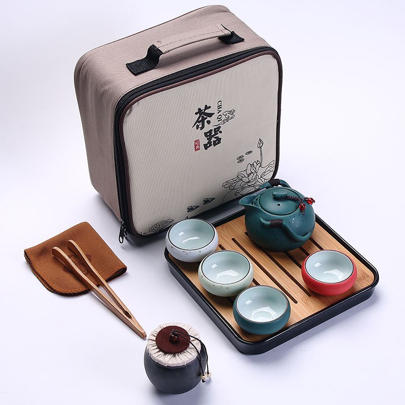 6Pcs Travel Tea Set Porcelain Double Wall Cup Flower Dragon Moutain Teapot Kung Fu Tea Set Teaware A: C-brown