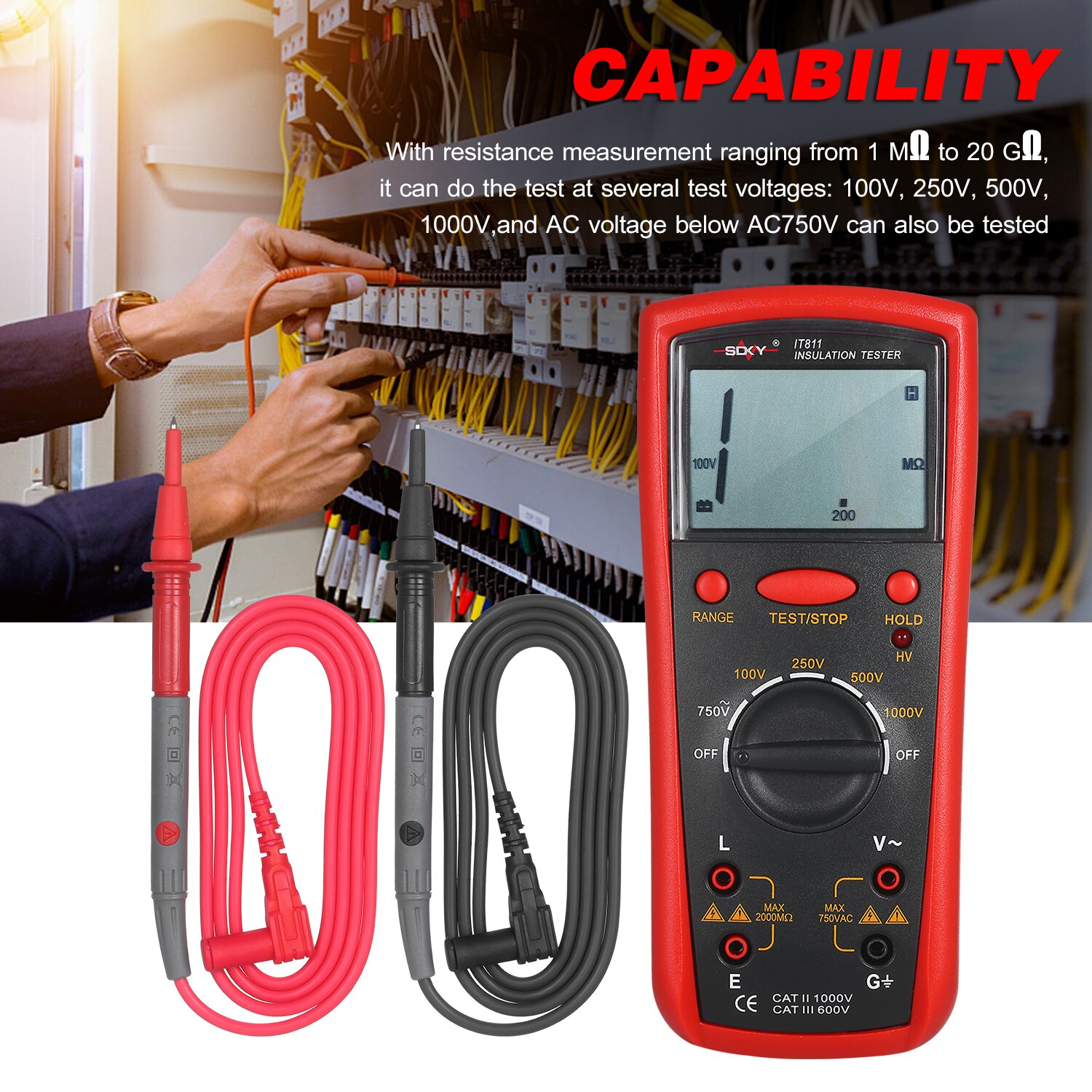 Insulation Resistance Meter Digital Megger Ohmmeter Handheld Insulation Tester 1MΩ-20GΩ Auto-Ranging Measurement Instrument