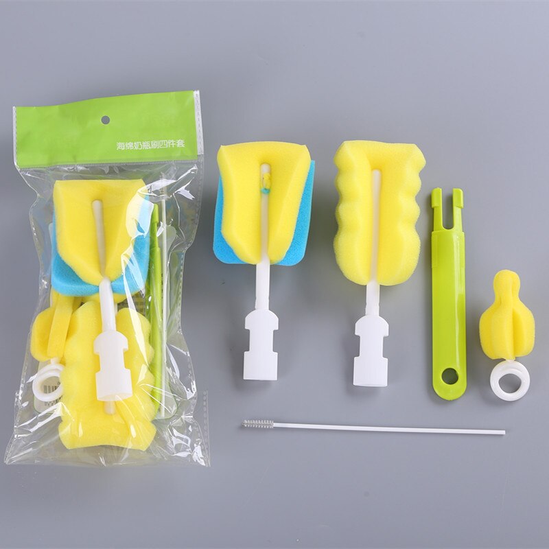 4pcs/set Sponge Plastic Bottle Brushes Cleaner Bottle Nipple Straw Brush Glass Milk Bottle Cleaning Brush Set