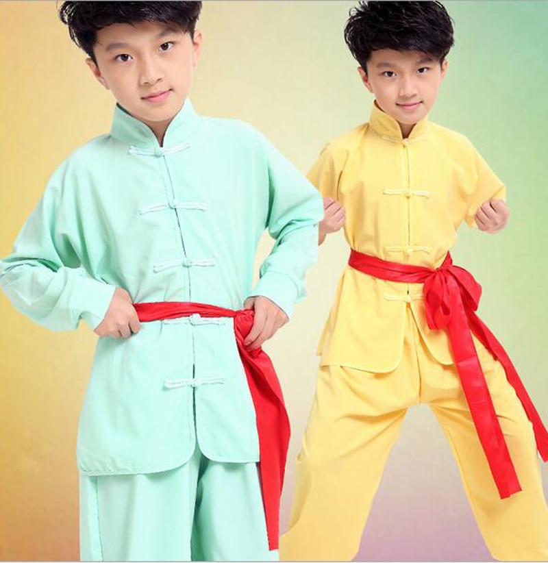 Kinderen kid blauw geel Taekwondo Dobok Wushu Kostuum Kimono Judo kleding Chinese Kung Fu Pak Tai Chi Martial Art Uniform