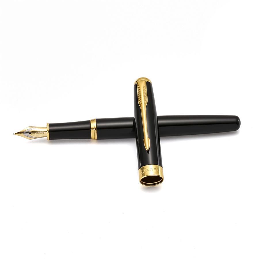 Elite Fountain Ink Pen, Gold Arrow Clip Metal Steel Polished Barrel, Medium Tip, Baoer 388 Office Signature School Student A6298: Black