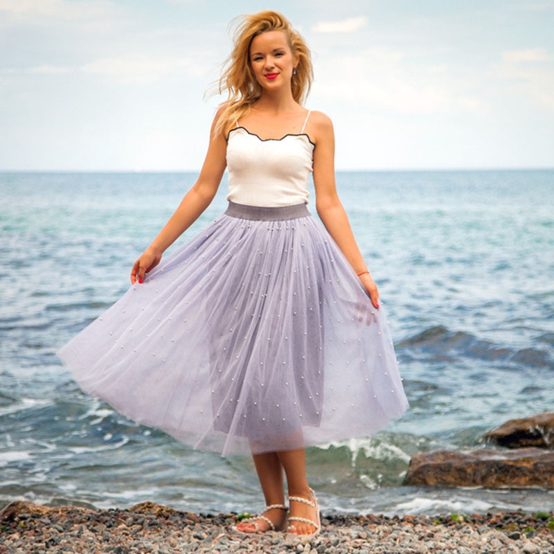 3 Layers Tulle Beading Women Skirts Spring Mesh Tulle Skirt With Bead Tutu Elastic Waist Pleated Skirt