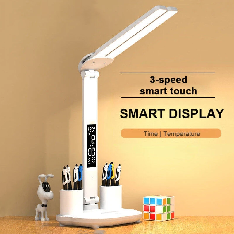 LED-Tischlampe, doppelköpfig, über USB aufladbar, dimmbar, Schreibtischlampe mit Kalender, Uhr, faltbar, Augenschutz, Lese-Nachtlicht