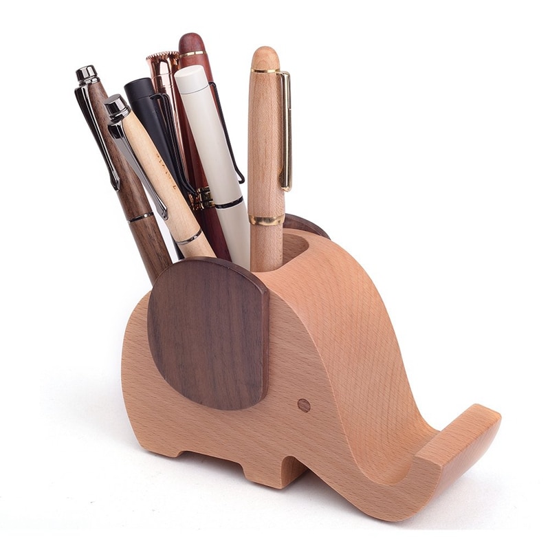 Wooden Elephant Cell Phone Holder/Stand with Pen&Pencil Holder Desk Decoration Multi-Functional Supplies Stationery Organizer Gi
