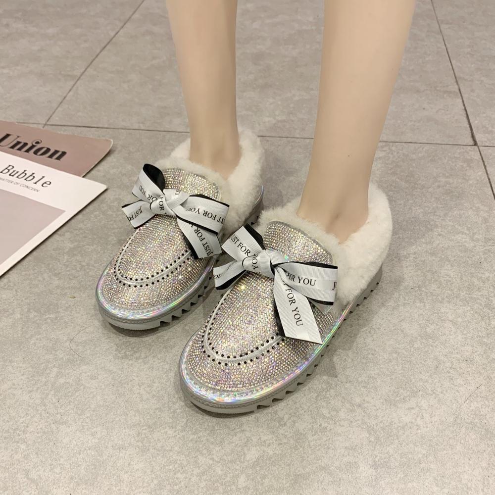 Glänsande kristallpärlor pälslägenheter kvinnor band bowtie plysch vinterskor antisladd strass ull päls mockasin kvinnor bomull loafers