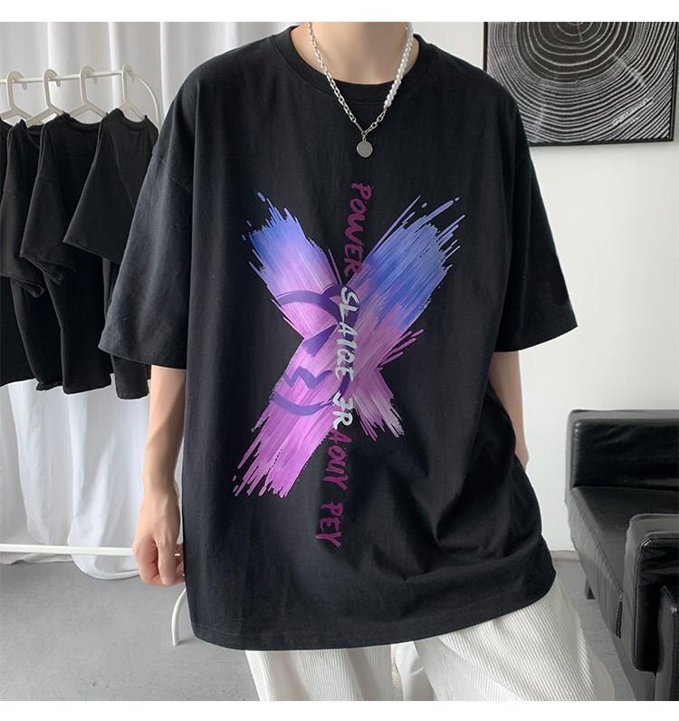 Man kortærmet t-shirt sommer trend print afslappet kortærmet ins japansk stil løs medfølende tshirt: Sort / Asiatisk størrelse l