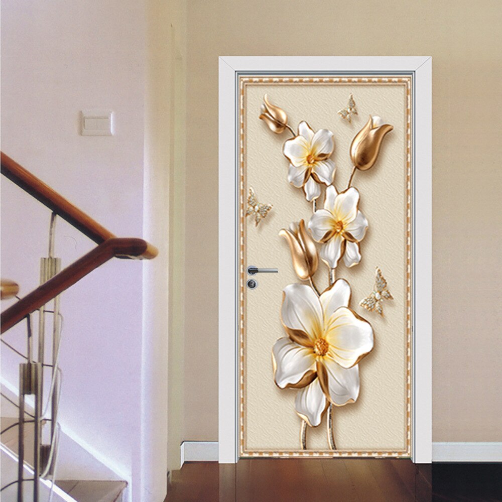 European Style 3D Golden Flowers PVC Door Sticker Self-Adhesive Poster Wallpaper DIY Home Mural Decals Living Room Bedroom: 95x215cm