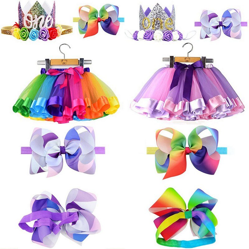 Crown Bow-Knoop Hoofdband 1 Set Gelaagde Party Dance Kinderkleding 3-7Yrs Multicolor Prinses Mini Tutu Rok Tule Rok pak