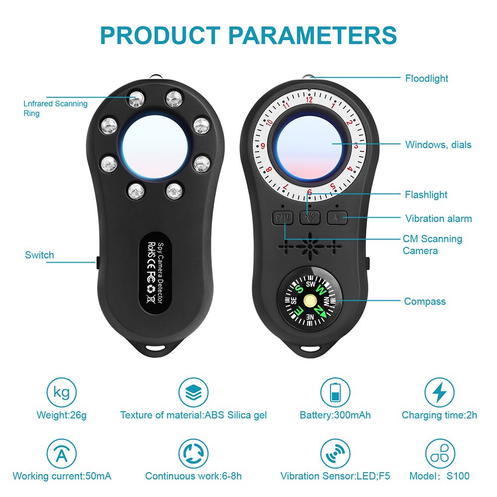 S100 caméras portables multifonctions anti-détecteur, anti-prise de vue furtive, caméra de surveillance sans fil, détecteur de signal, lentille, tracker rf