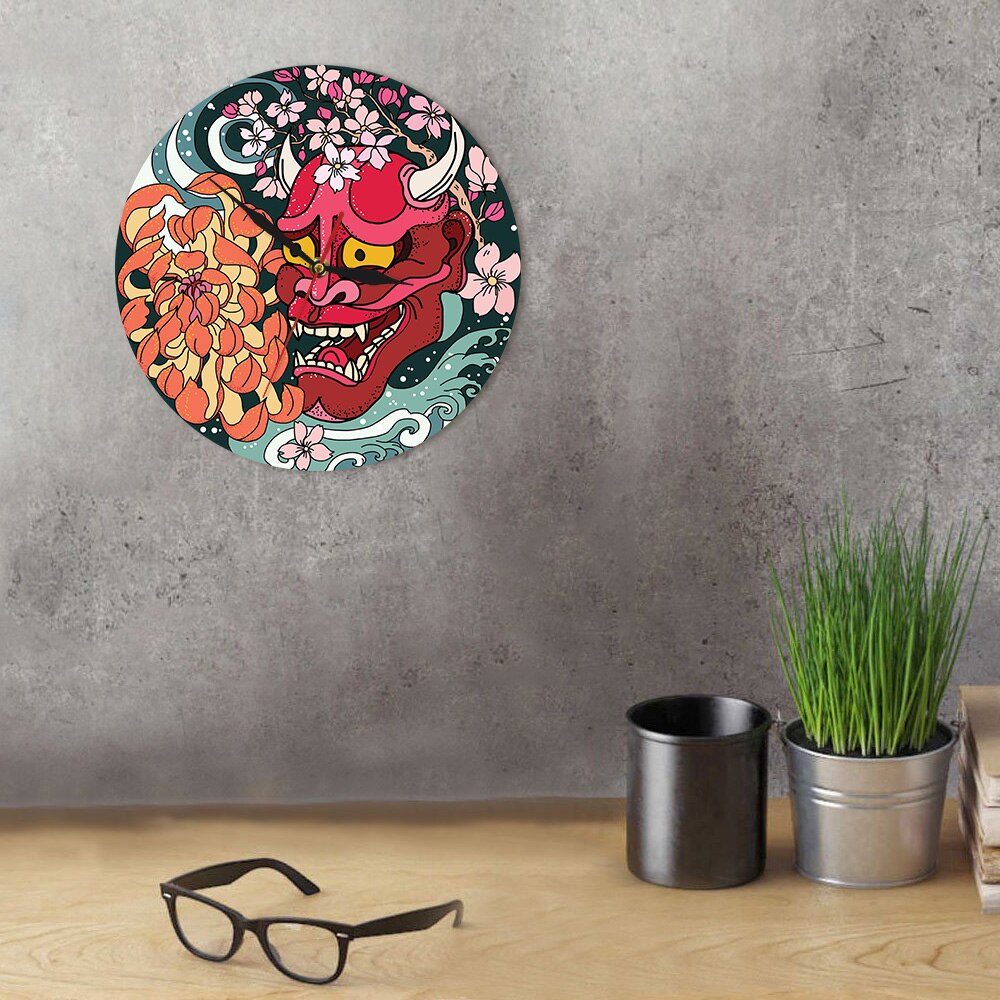 Gothic Style Red Oni Demon Mask Acrylic Wall Clock Japanese Dragon Peony Flower Wall Art Japan Sherpa Evil Home Decor Timepiece