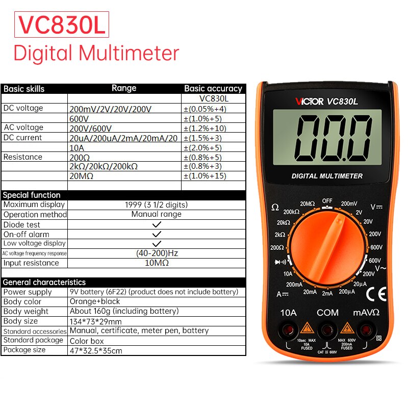 Multimètre numérique haute précision VICTOR VC890C multimètre numérique universel automatique Compact et facile à utiliser: VC830L