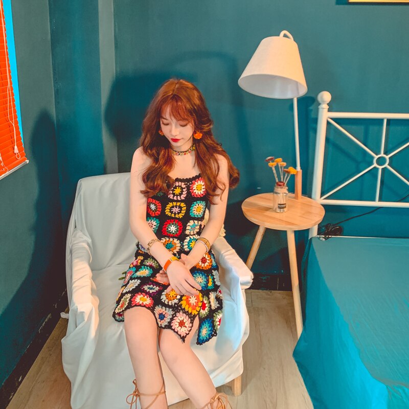 Handmade Crochet Bohemian Tops and Skirt Two-Pieces Suit Mini Dress Vintage Women Beach Cover up Chic Skirt A532