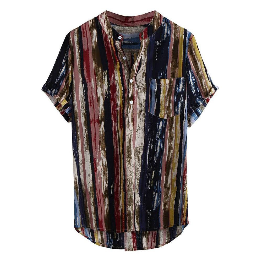 Heren Zomer Mode Stand Kraag Strip Print Korte Mouw Top Katoenen Shirt Paar Losse Fit Hawaii Ademend Snel Droog: XXL
