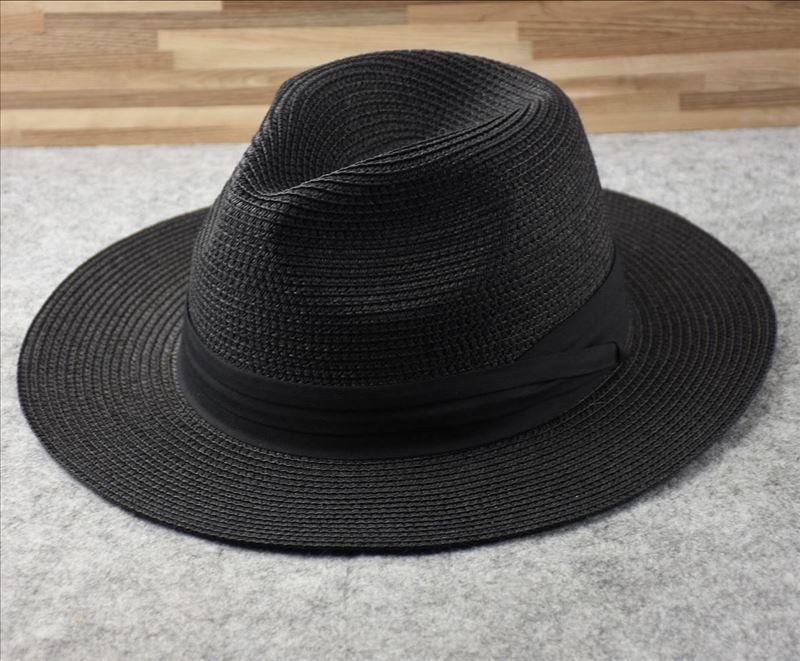 Sombreros panamá de ala ancha para hombre, sombrero de paja de ala ancha para playa, de verano, Fedora de talla grande, 55-57cm, 58-60cm, 61-64cm: Black / 60-64cm
