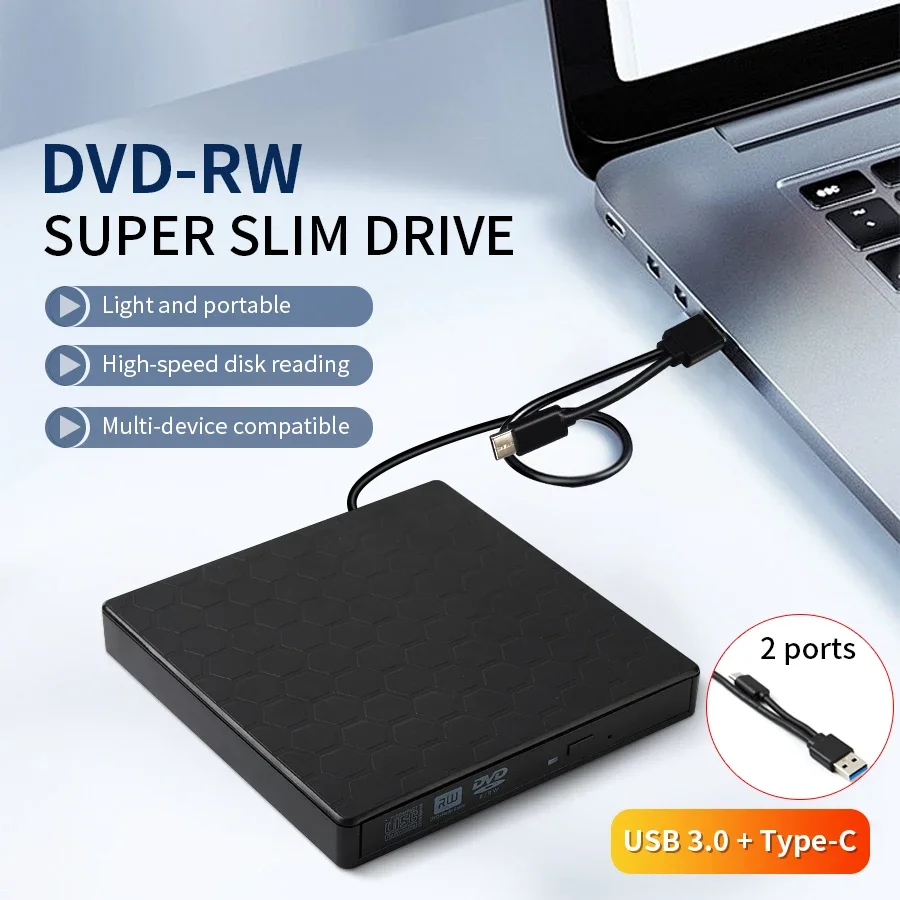 Externes DVD-RW-Laufwerk, USB 3.0 und Typ C, schlanker CD-Brenner, Brenner, Leser, Player, optische Laufwerke für Laptop, PC, DVD-Brenner, DVD-Portatil
