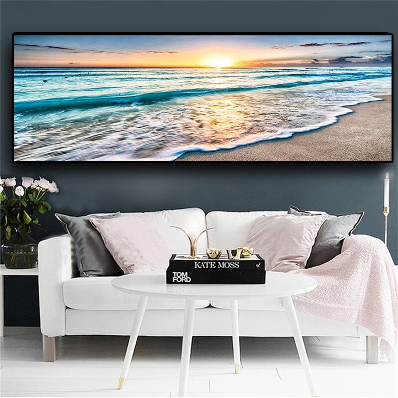 Naturlig guld strand solnedgang landskab plakater og print lærred maleri middelhavs skandinavisk væg kunst billede til stuen